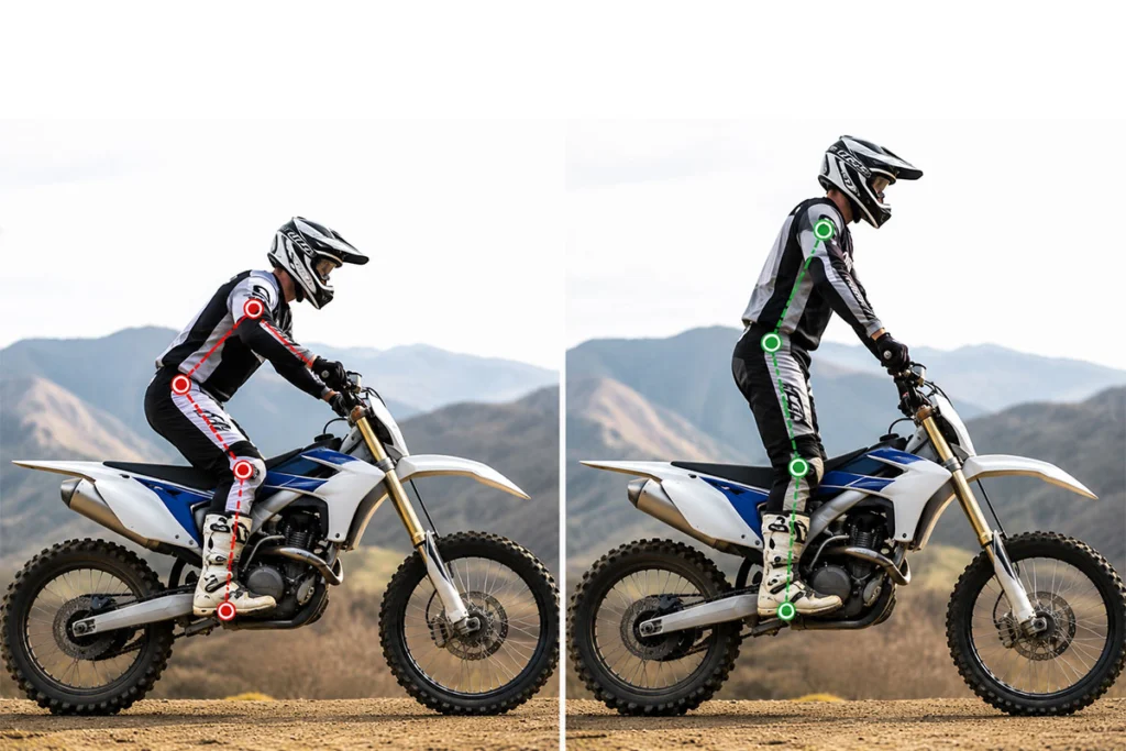 Off-road motorcycle rider triangle showing handlebar seat and footpeg relationship